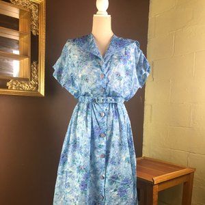 Vintage 1970s Blue Satin Floral Belted Dress